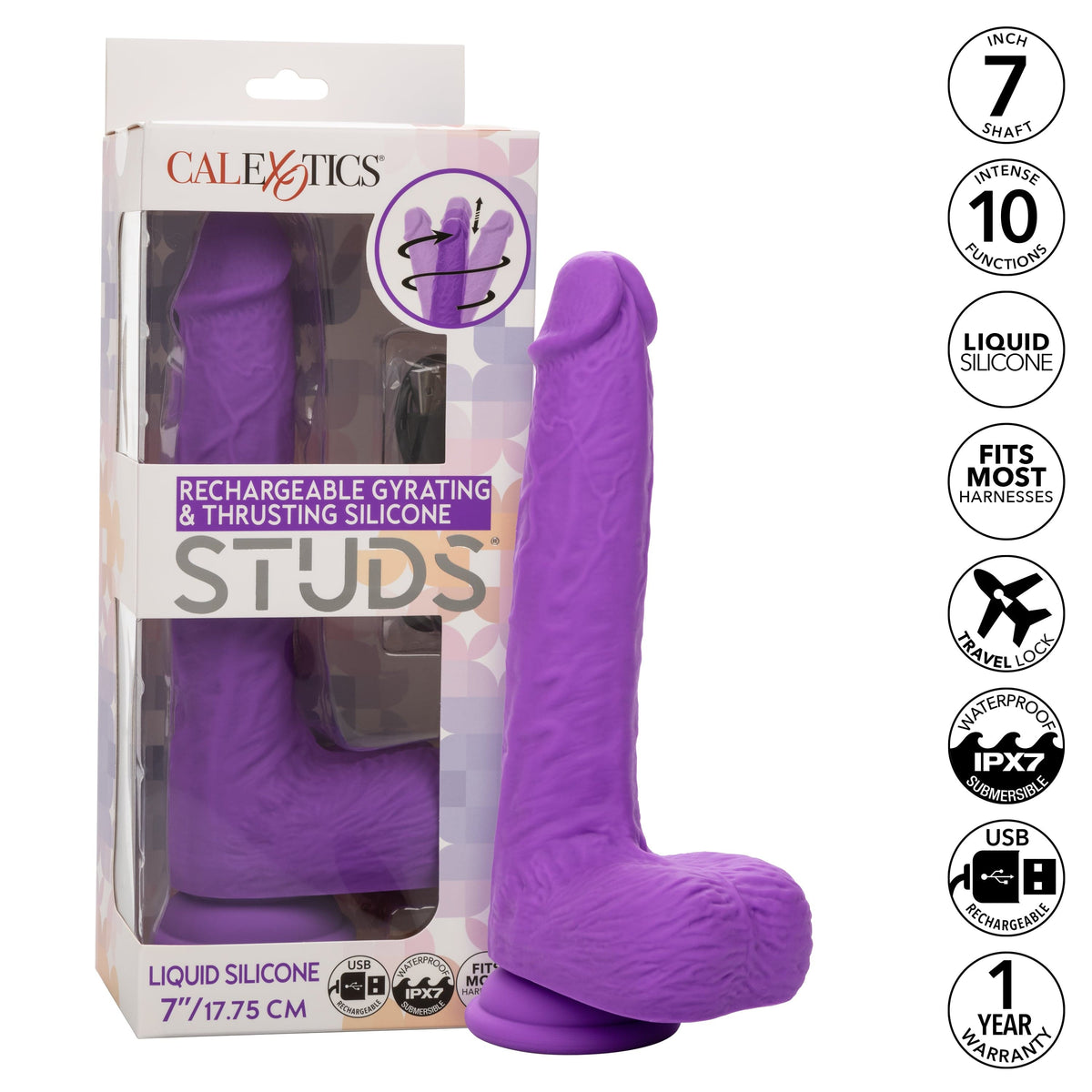 California Exotics - Rechargeable Gyrating and Thrusting Silicone Studs Realistic Dildo with Balls 9.5&quot; (Purple) CE2045 CherryAffairs