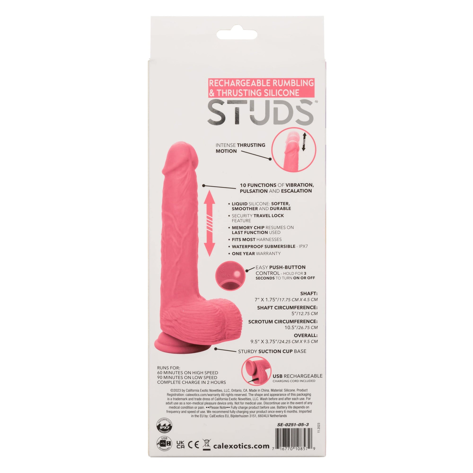 California Exotics - Rechargeable Rumbling and Thrusting Silicone Studs Realistic Dildo with Balls 9.5" (Pink) CE2046 CherryAffairs