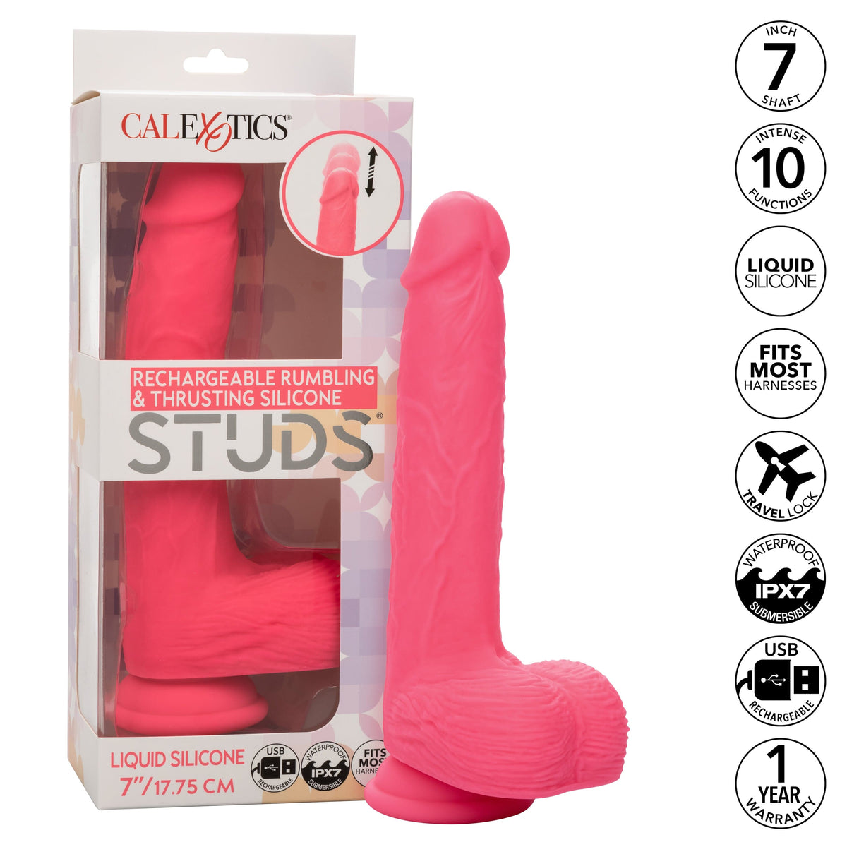 California Exotics - Rechargeable Rumbling and Thrusting Silicone Studs Realistic Dildo with Balls 9.5&quot; (Pink) CE2046 CherryAffairs