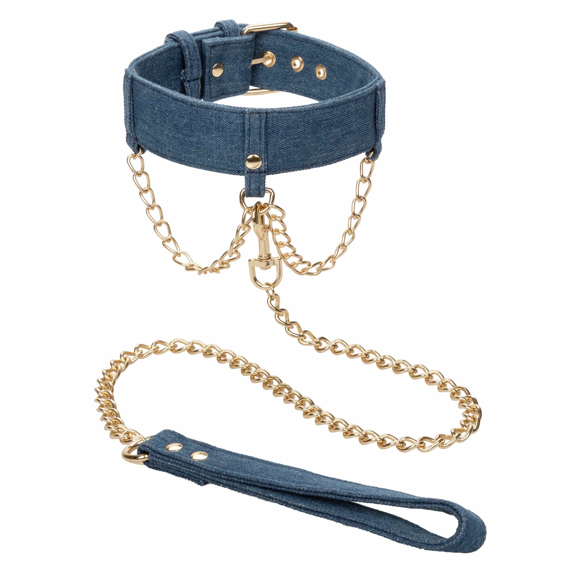 California Exotics - Ride 'em Premium Denim Collection Collar with Leash (Blue) CE2084 CherryAffairs