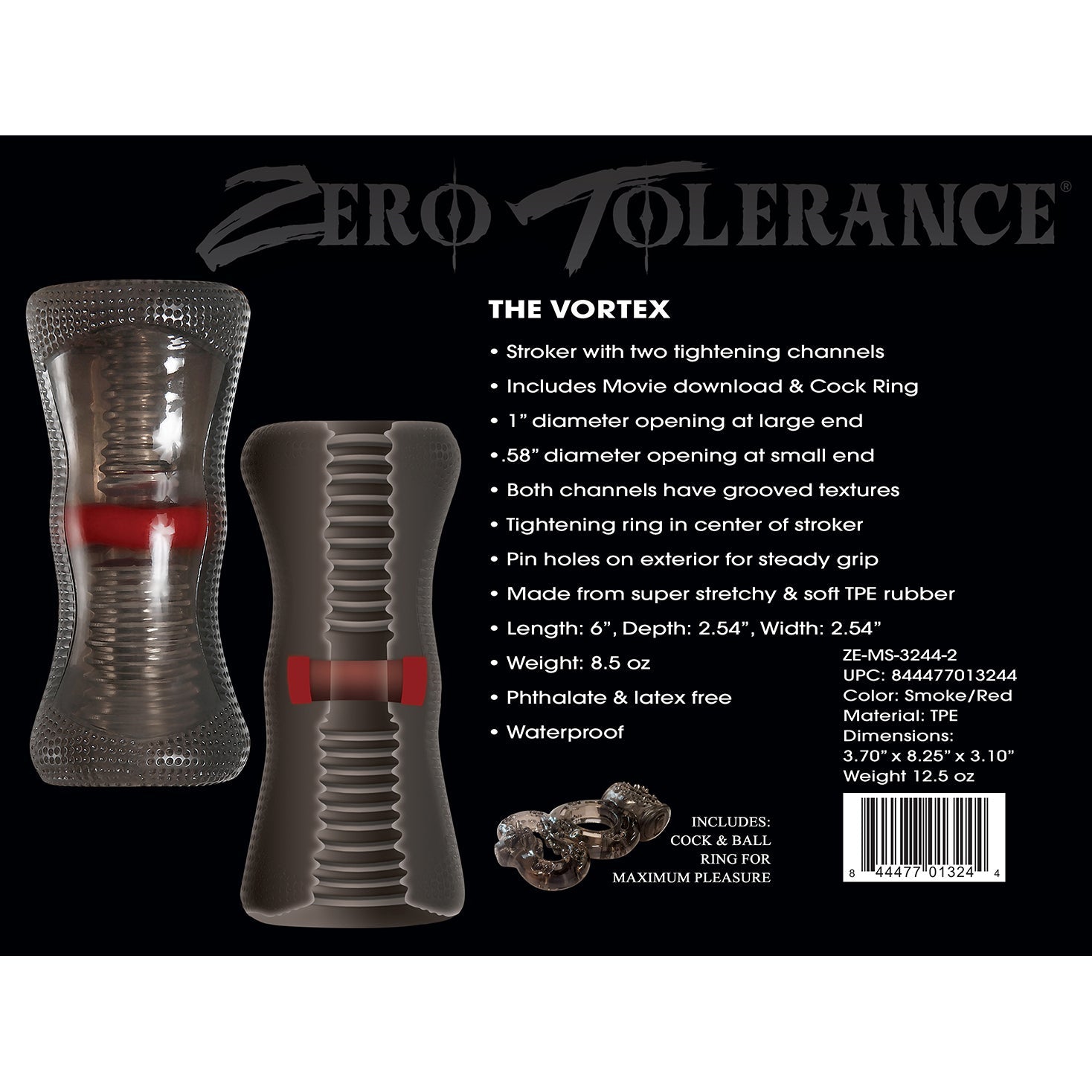 Zero Tolerance - Máy mát xa Vortex Soft Stroker có vòng rung cho dương vật (Màu đen)