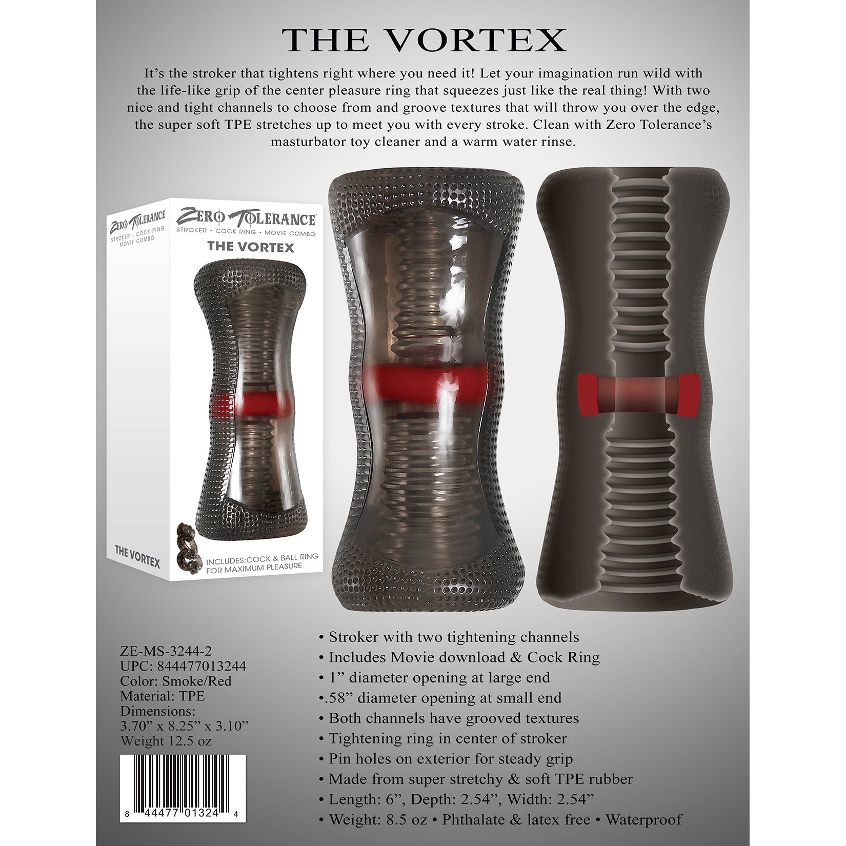 Zero Tolerance - Máy mát xa Vortex Soft Stroker có vòng rung cho dương vật (Màu đen)