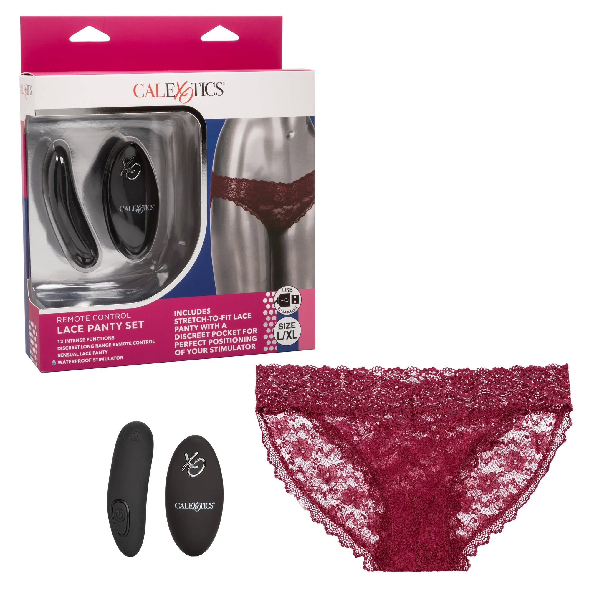 California Exotics - Remote Control Vibrating Lace Panty Set L/XL (Burgundy) Panties Massager Remote Control (Vibration) Rechargeable 716770099235 CherryAffairs