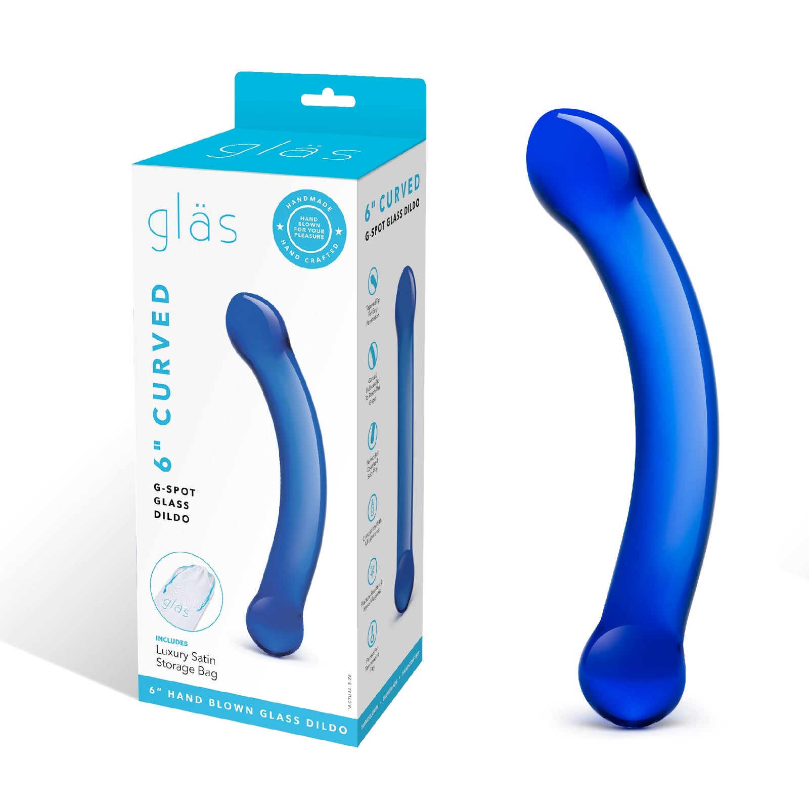 Glas - Dương vật cong G Spot thổi bằng thủy tinh 6" (Xanh lam)